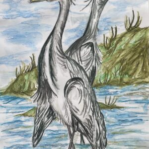 Pen and pencil original art work of two storks