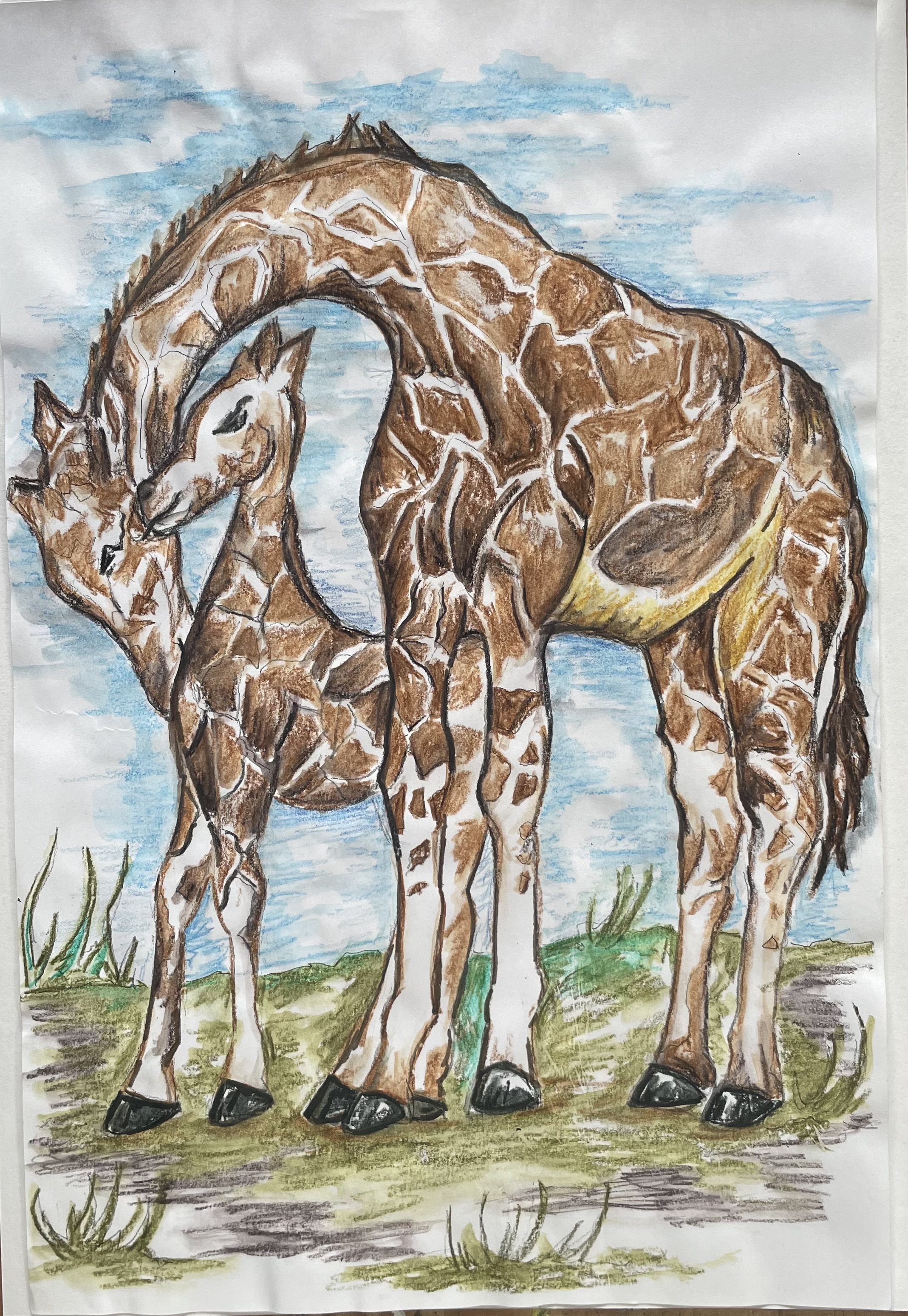 Giraffe pen and pencil original drawing
